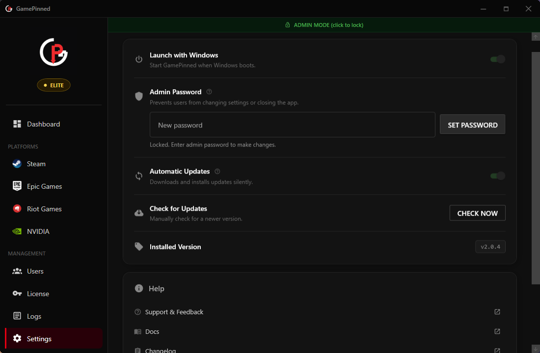 GamePinned manage protected games