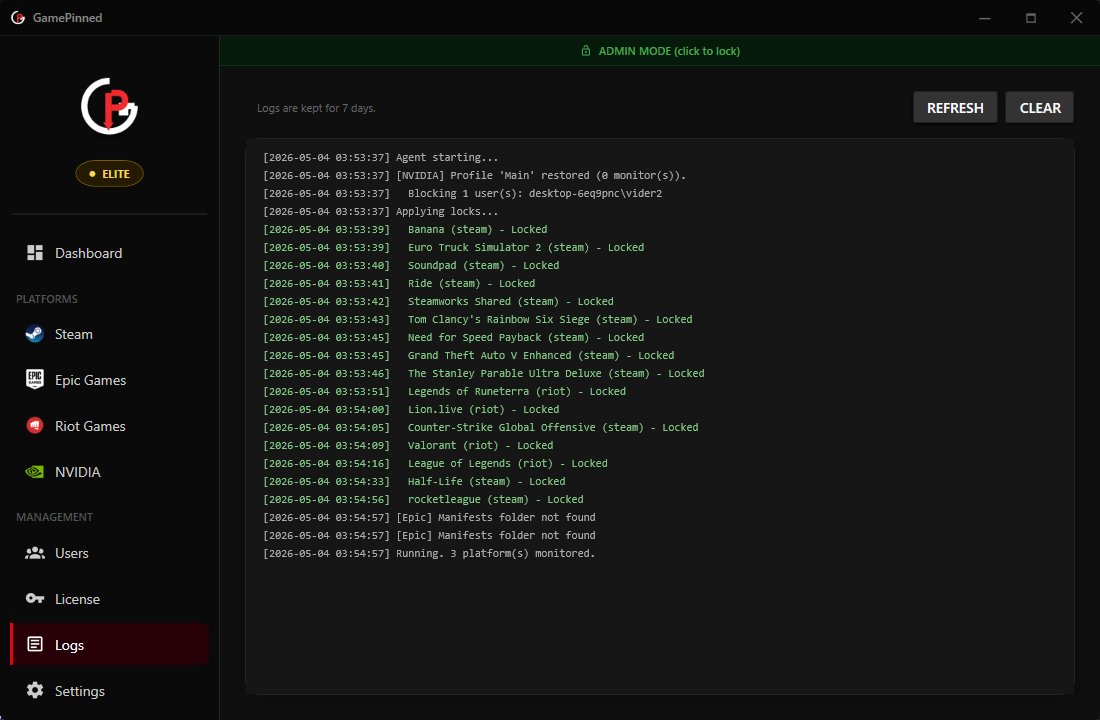 GamePinned logs and recovery