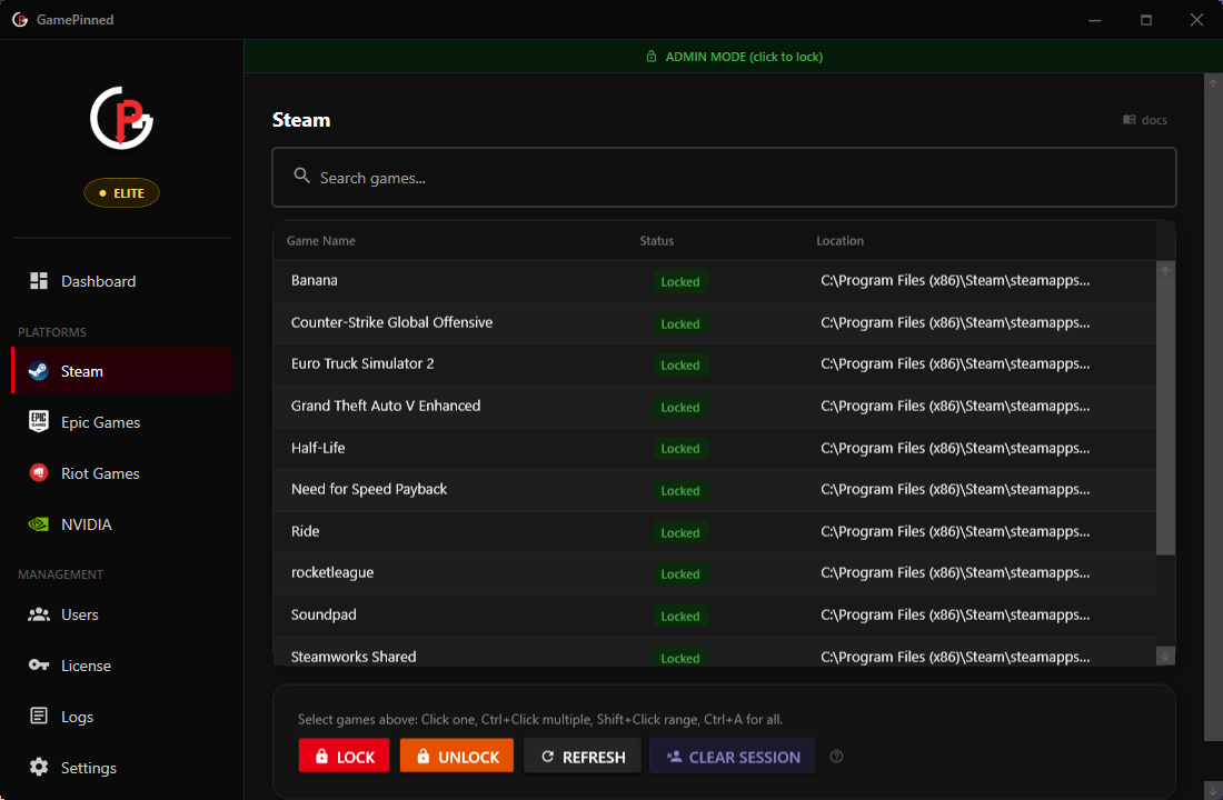 GamePinned Steam games library